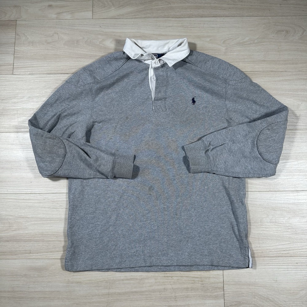 VTG Polo Ralph Lauren Soild Rugby Shirt Sz L Long Sleeve Gray Elbow Patch Grunge